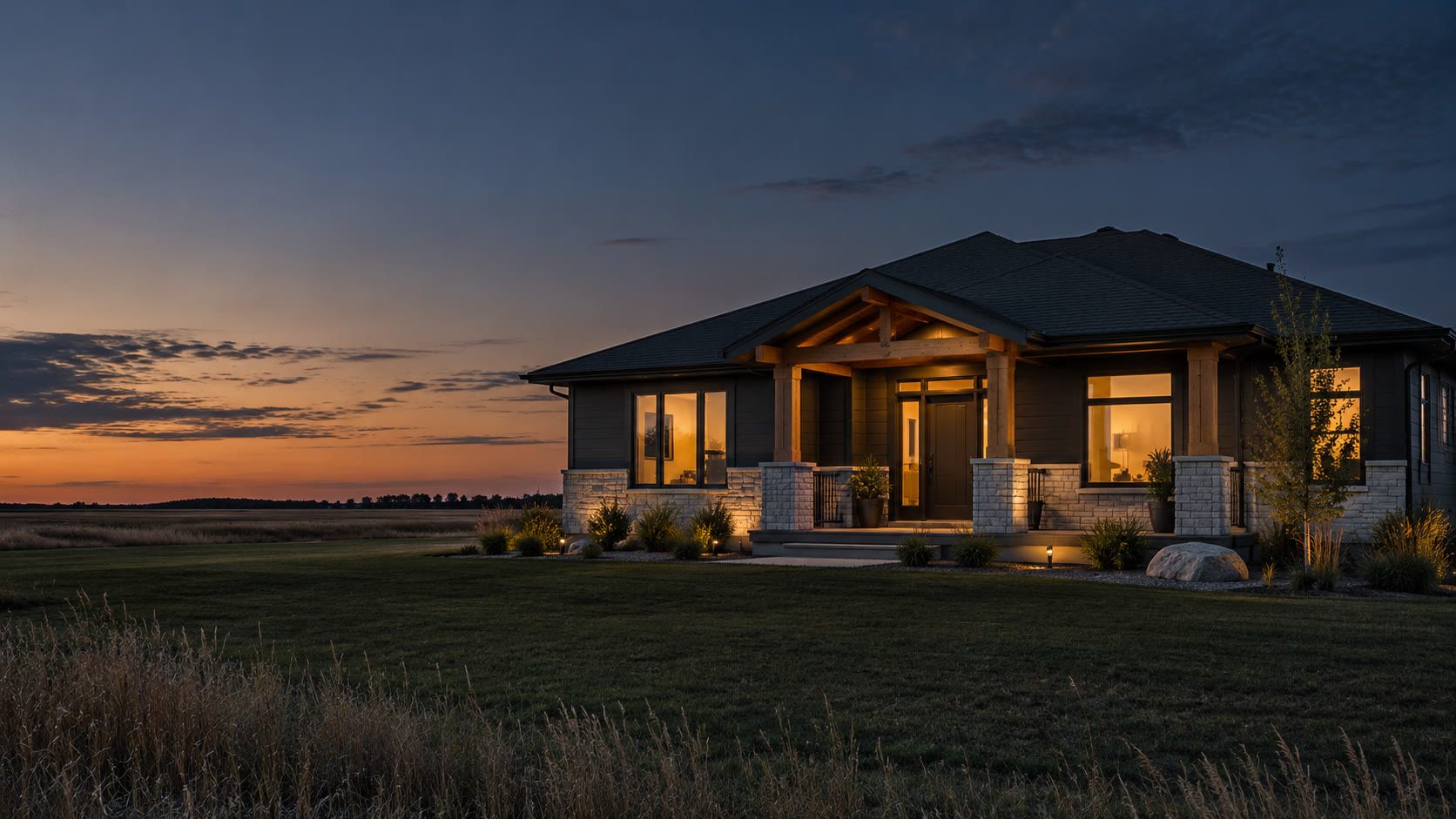 Illustrative prairie home with a timber porch at dusk
